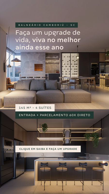 Criativo de apartamento em Balneário Camboriú, com sala, cozinha e informações sobre o imóvel.